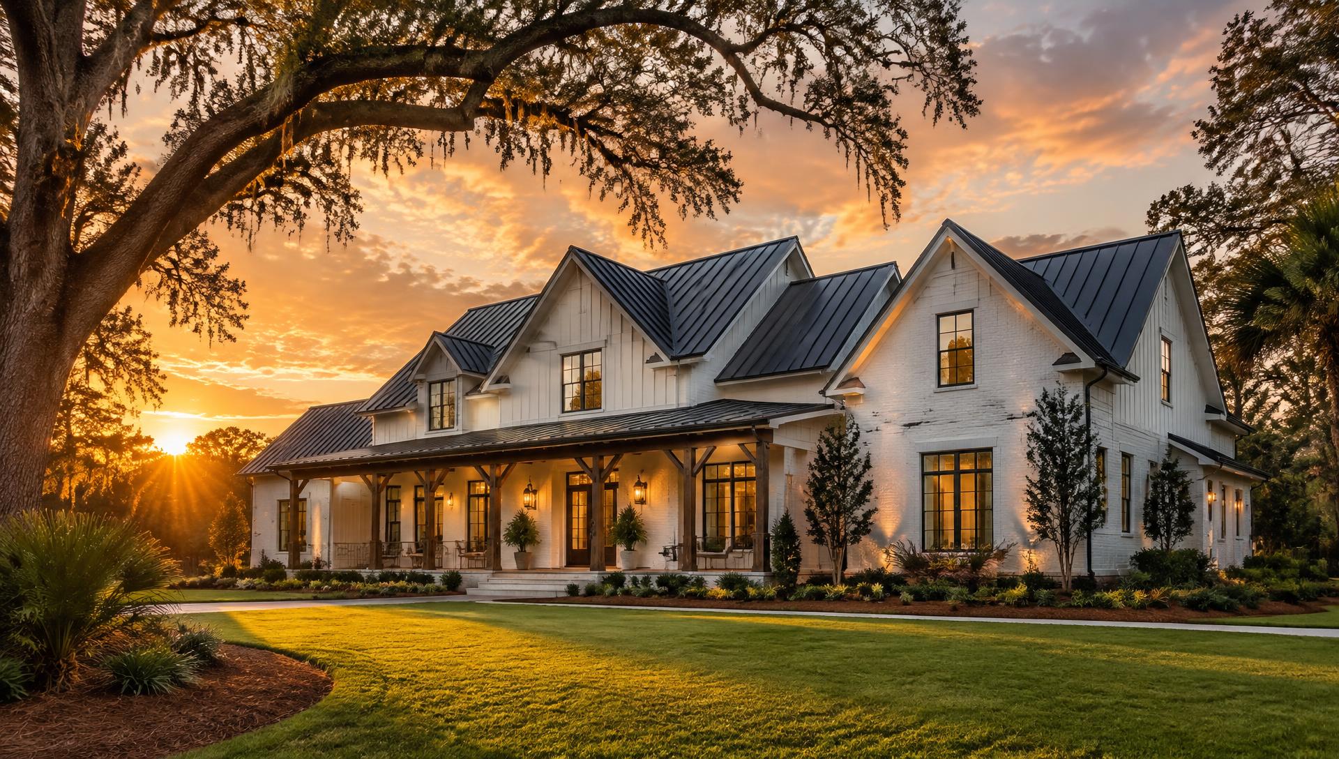 Custom South Carolina home with new metal roof at sunset